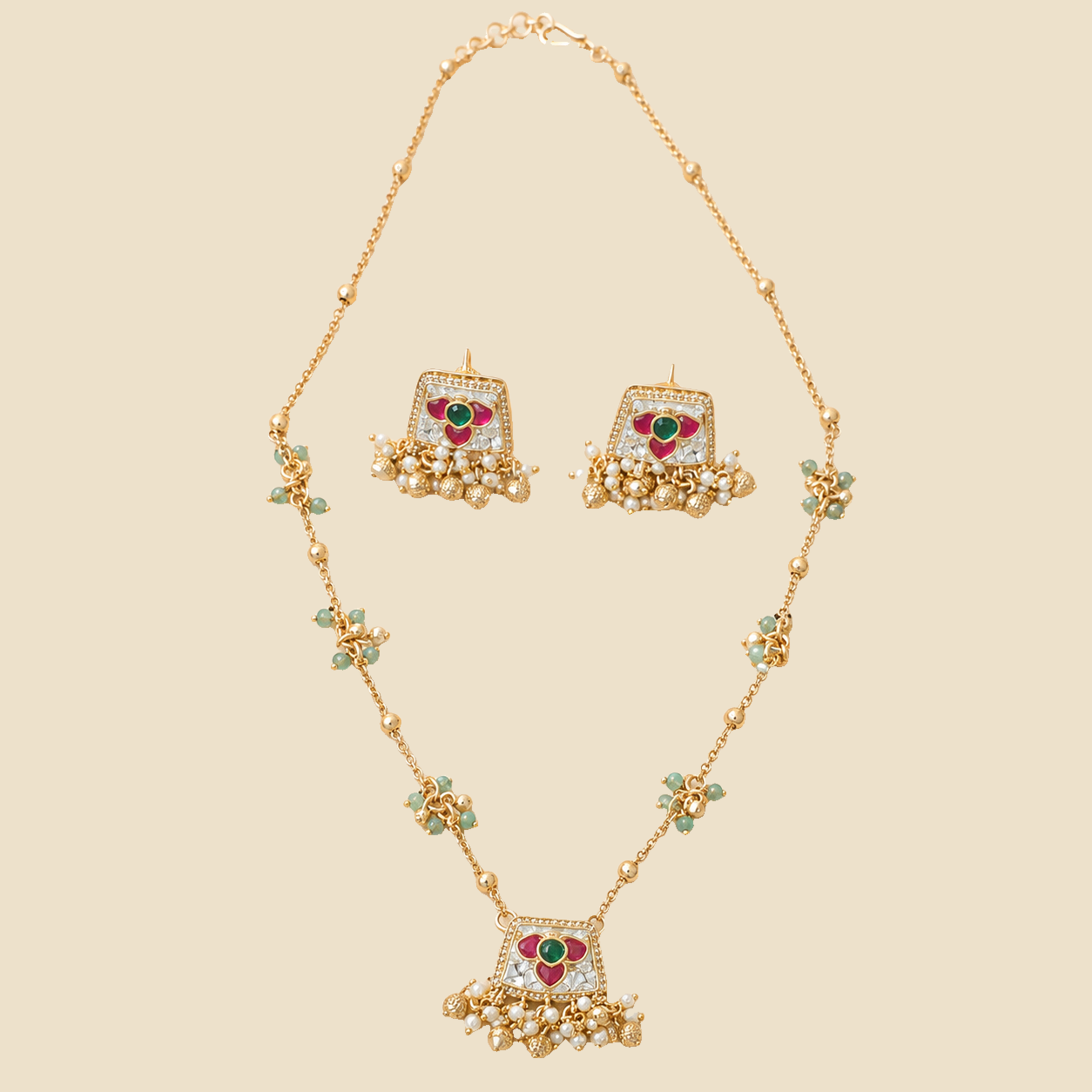 Antique Gold Ruby Green Floral Pendant Set