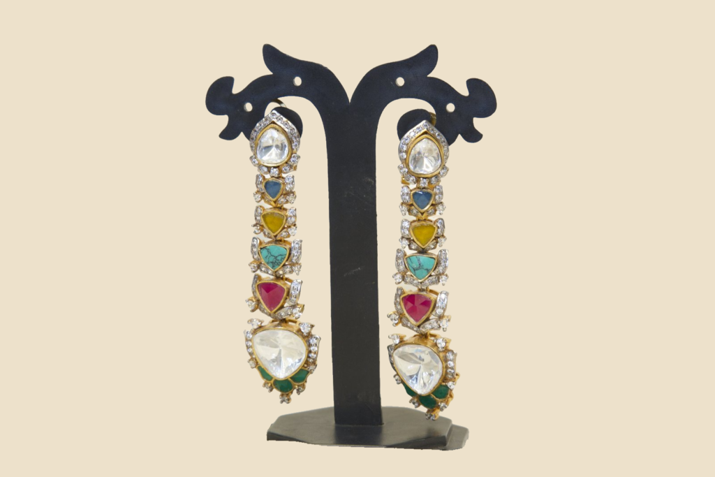 Multicolor Stone Studded Long Dangling Earrings - Traditional Ethnic Design