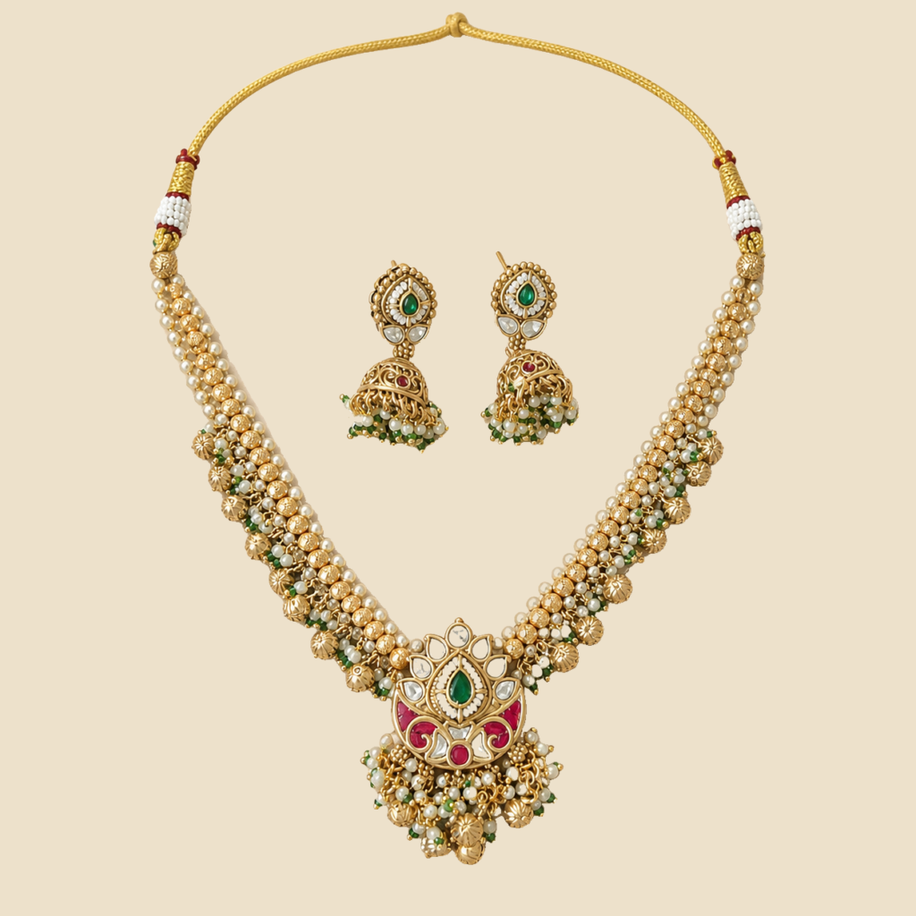 Antique Gold Kundan Lotus Green Necklace Set