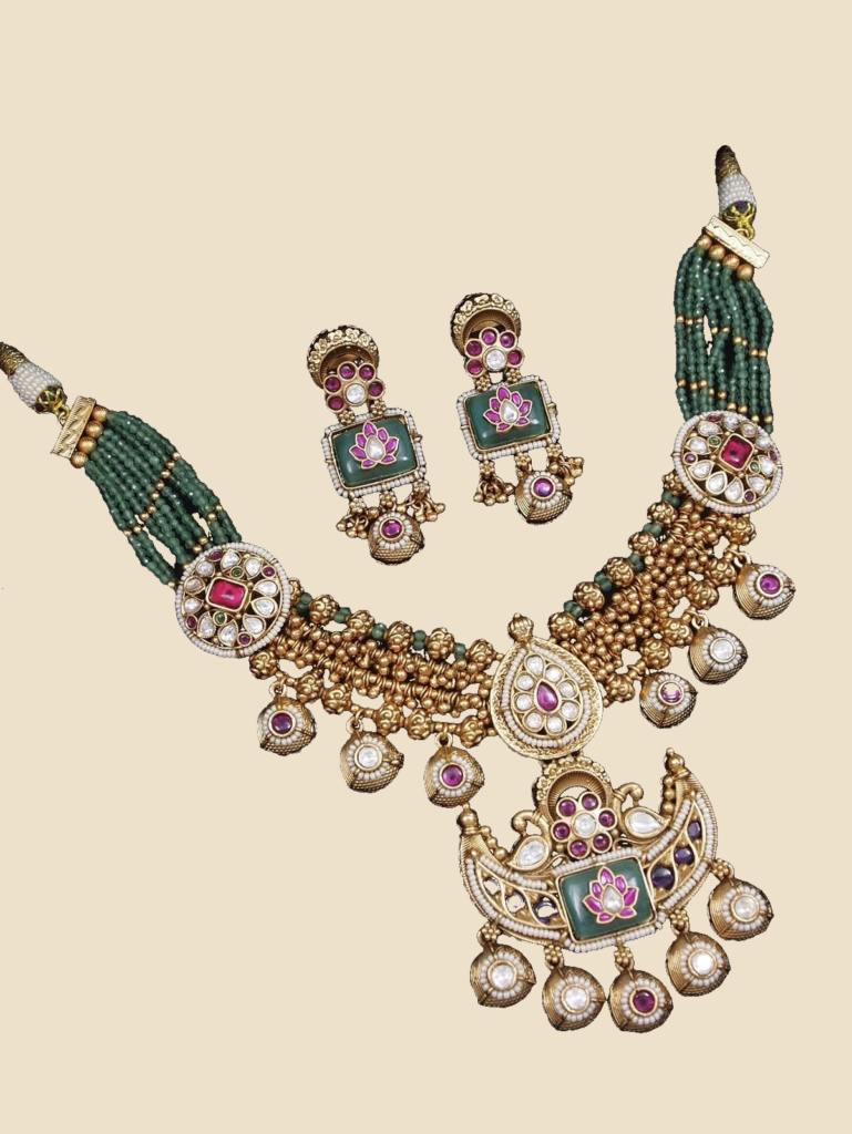 Green Bead Kundan Medallion Necklace Set