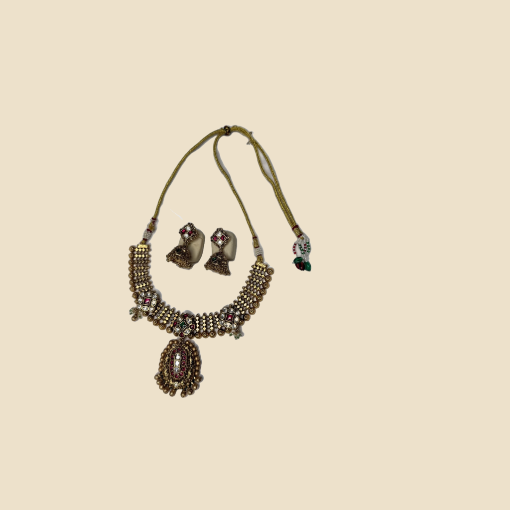 Antique Gold Kundan Jhumka Necklace Set with Pink Stones