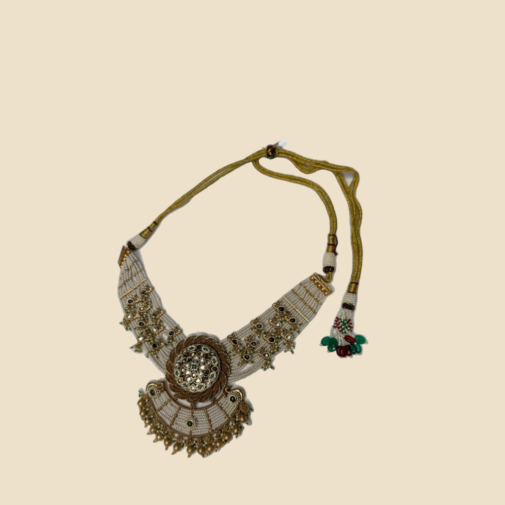 Traditional Gold-Toned Beaded Necklace Set with Kundan Work and Matching Earrings