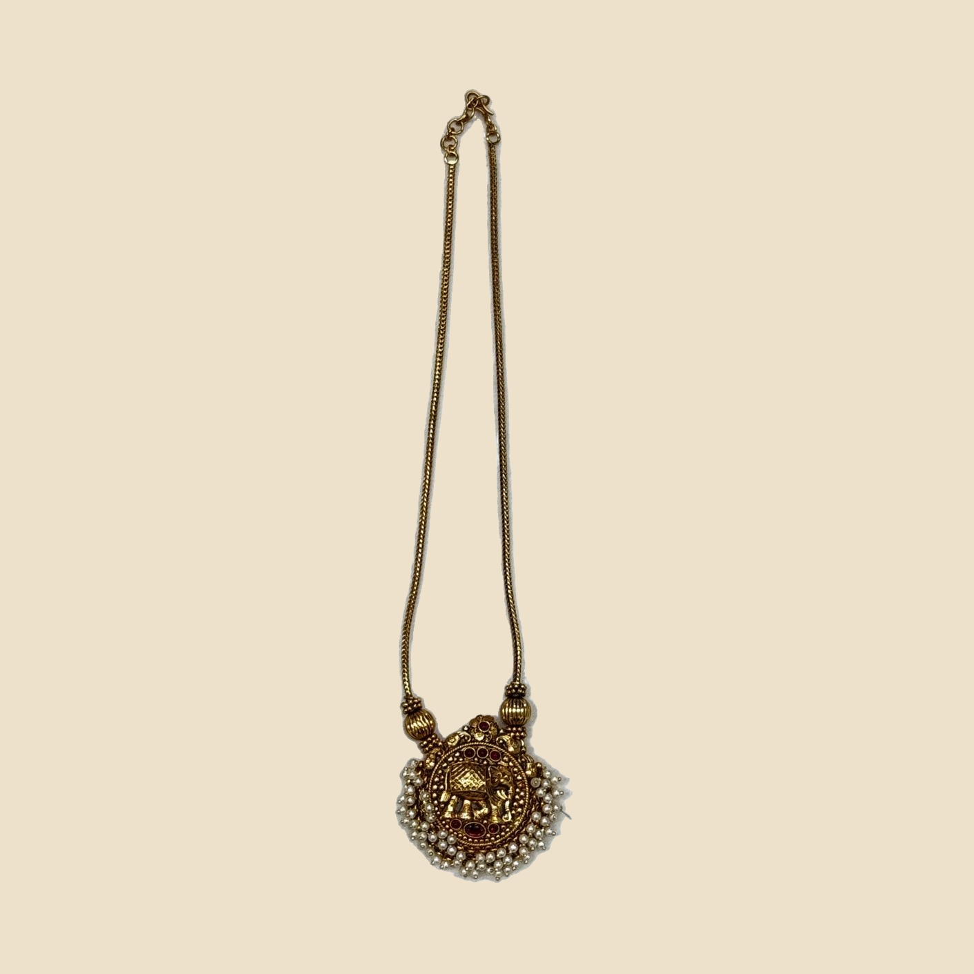 Gold-Toned Pearl-Studded Pendant Necklace with Matching Earrings - Image 2