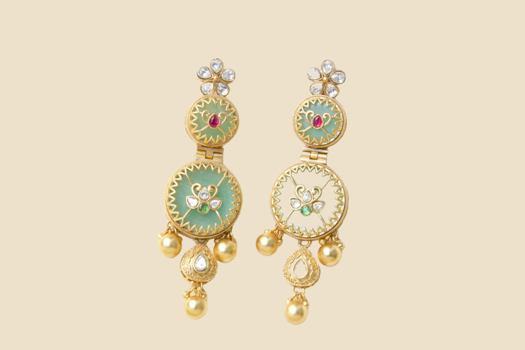 Elegant Turquoise and Gold Kundan Earrings with Pearl Drops