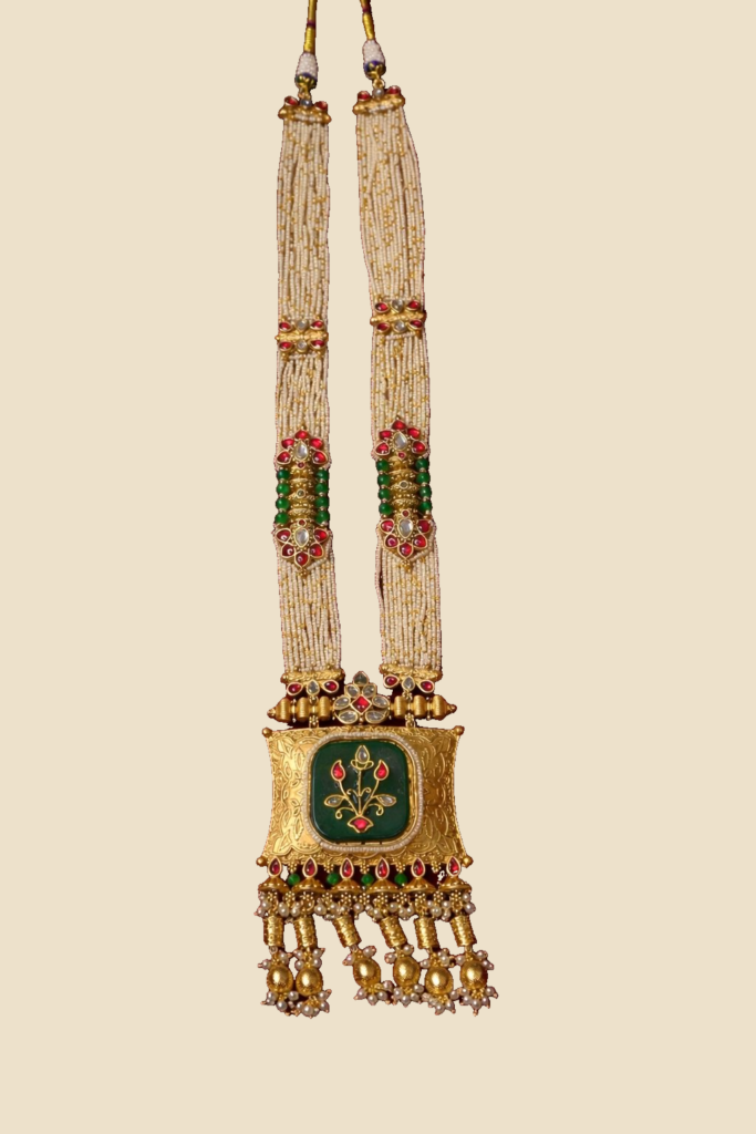 Traditional Gold-Plated Pearl Necklace with Green Enamel Pendant