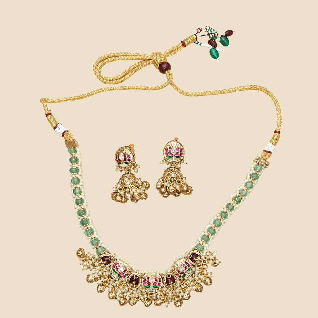 Antique Gold Lotus Necklace Set with Mint Green Beads