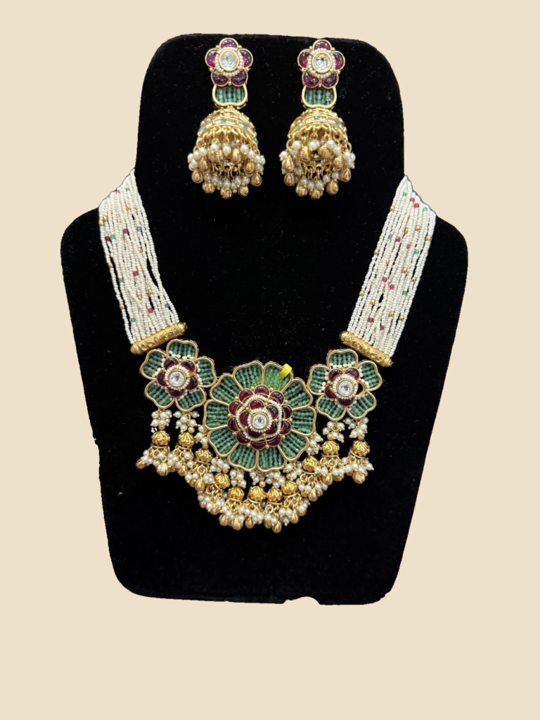 Traditional Gold-Plated Floral Necklace Set with Kundan and Pearl Jhumkas