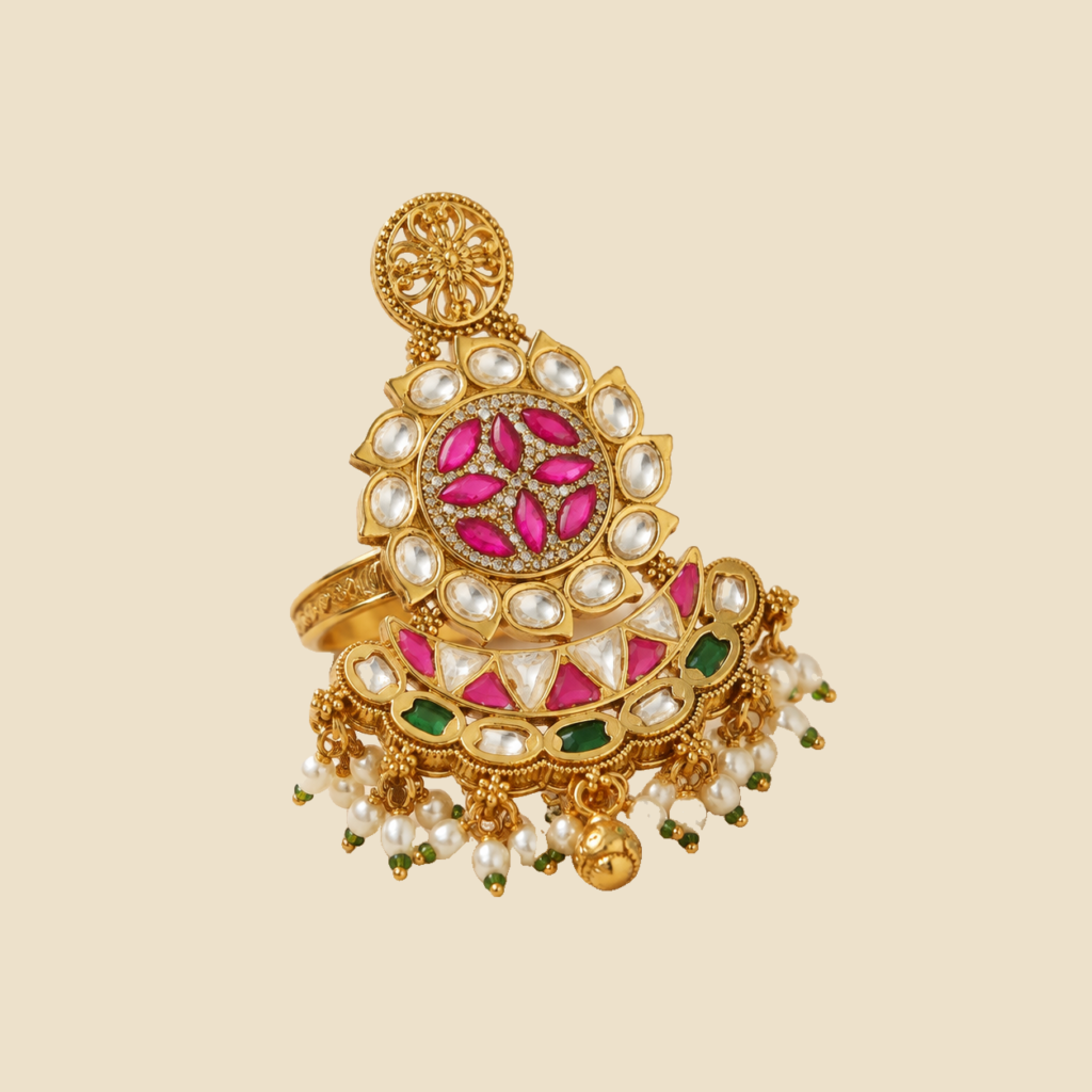 Antique Gold Ruby Green Kundan Crescent Statement Ring