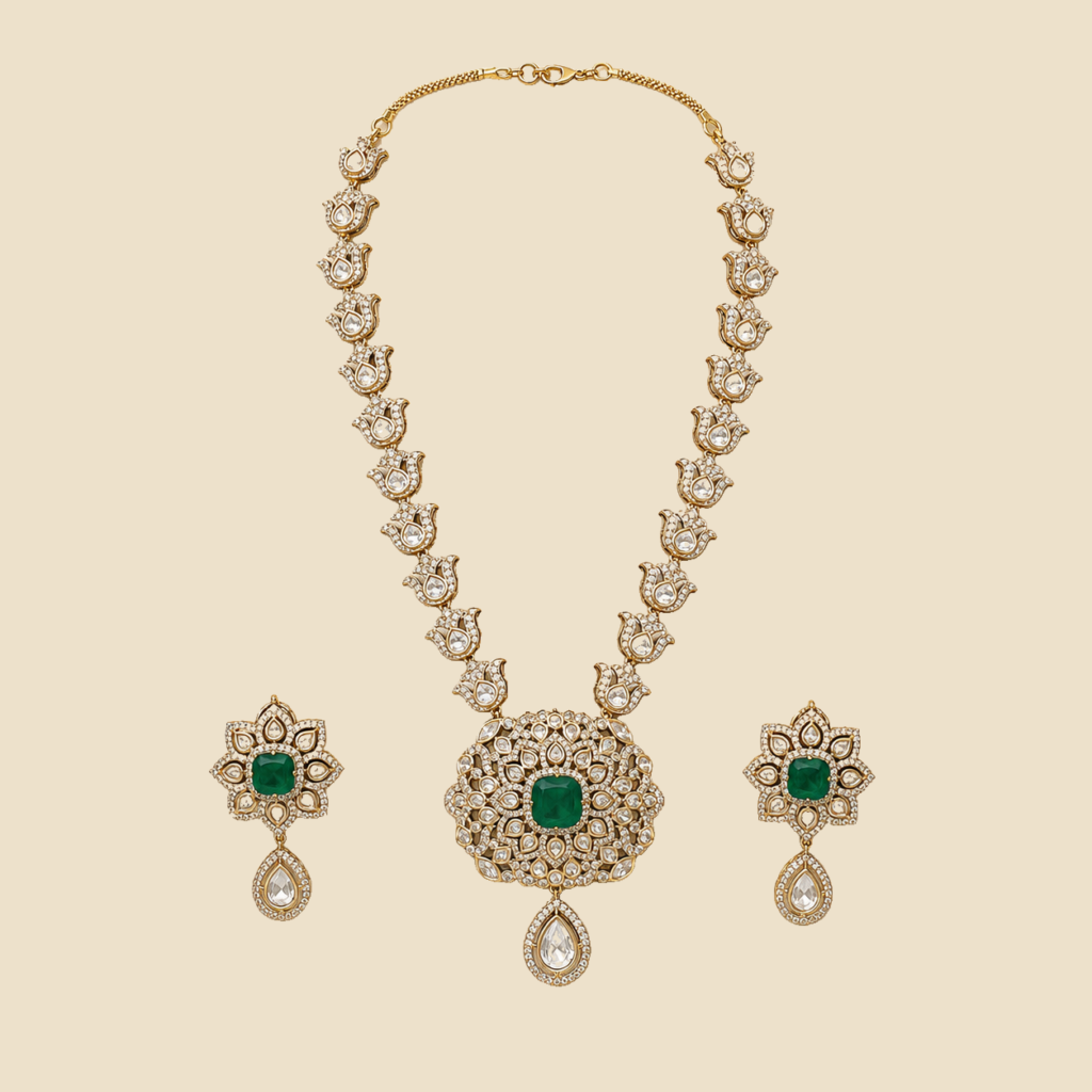 Elegant American Diamond Necklace Set with Green Stone Pendant