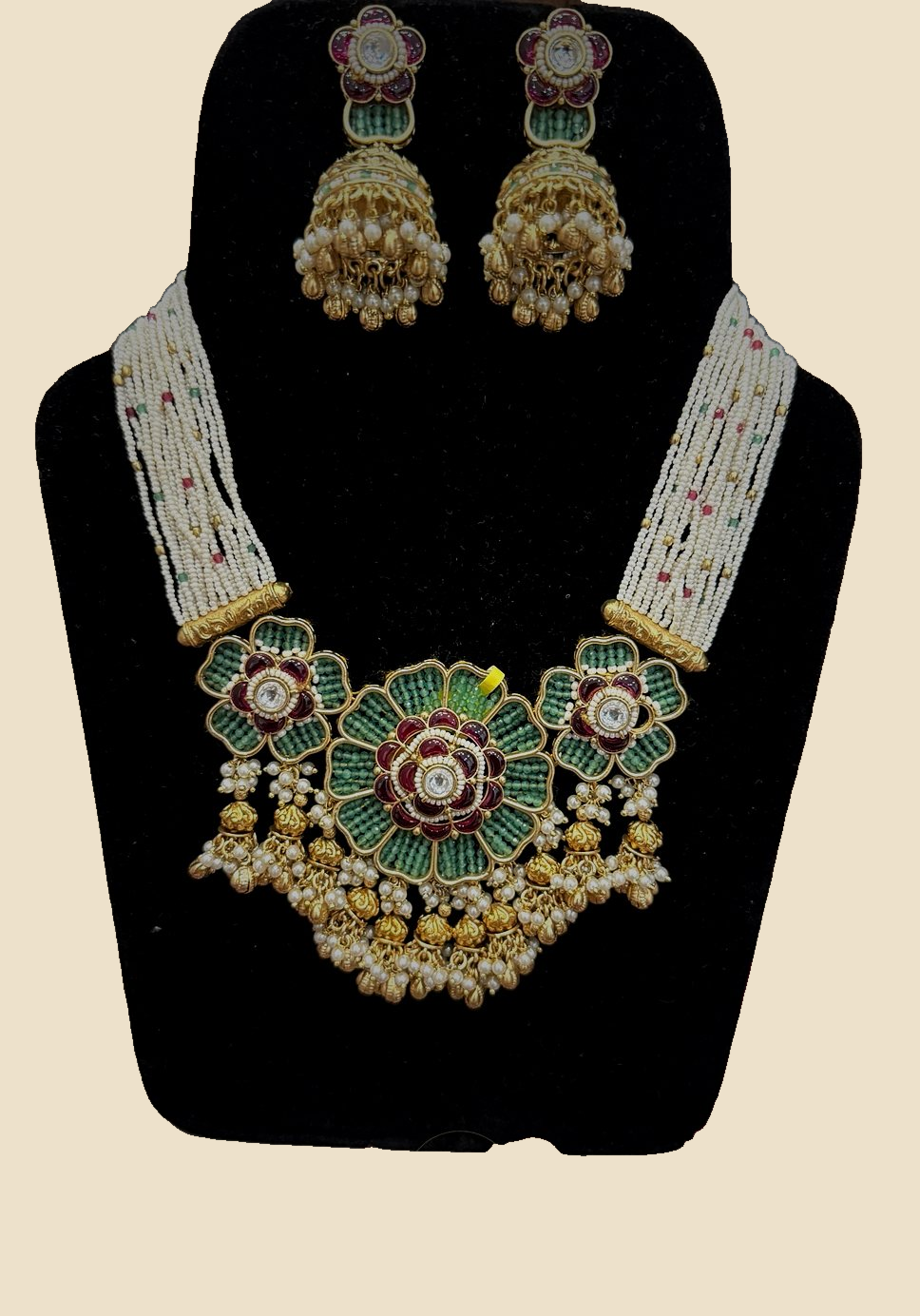 Traditional Meenakari Flower Necklace Set with Jhumka Earrings - Green and Red