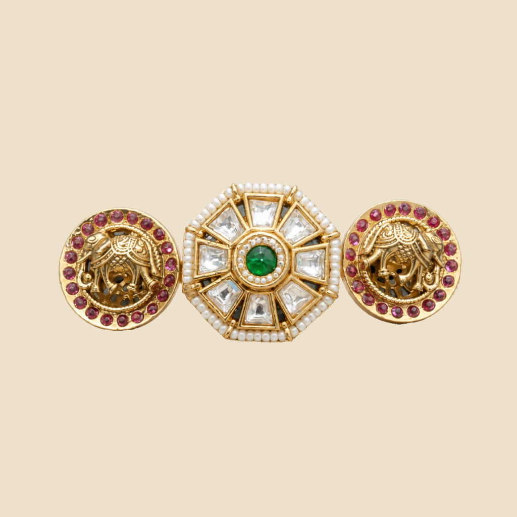 Antique Gold Ruby Green Kundan Trio Ring Set