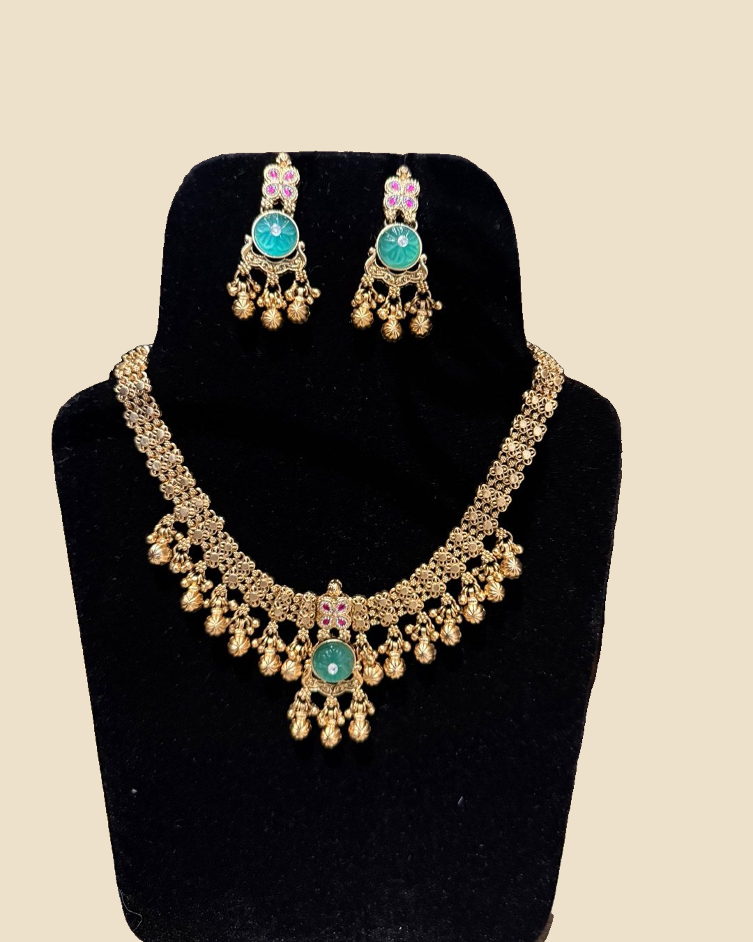 Turquoise Stone Antique Gold Necklace Set with Matching Earrings