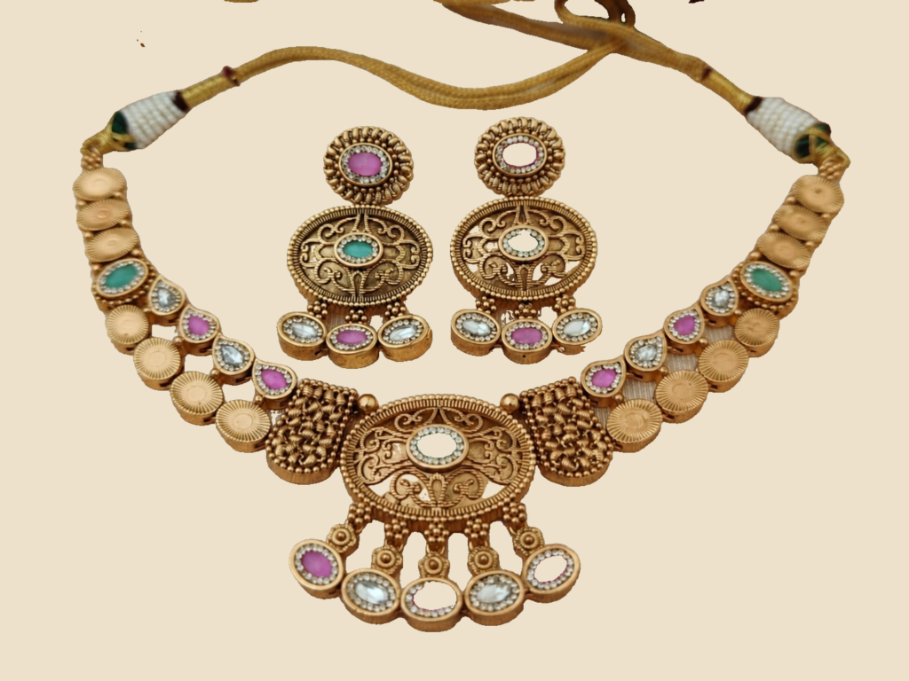 Traditional Gold-Toned Necklace and Earrings Set with Pink and Green Stones