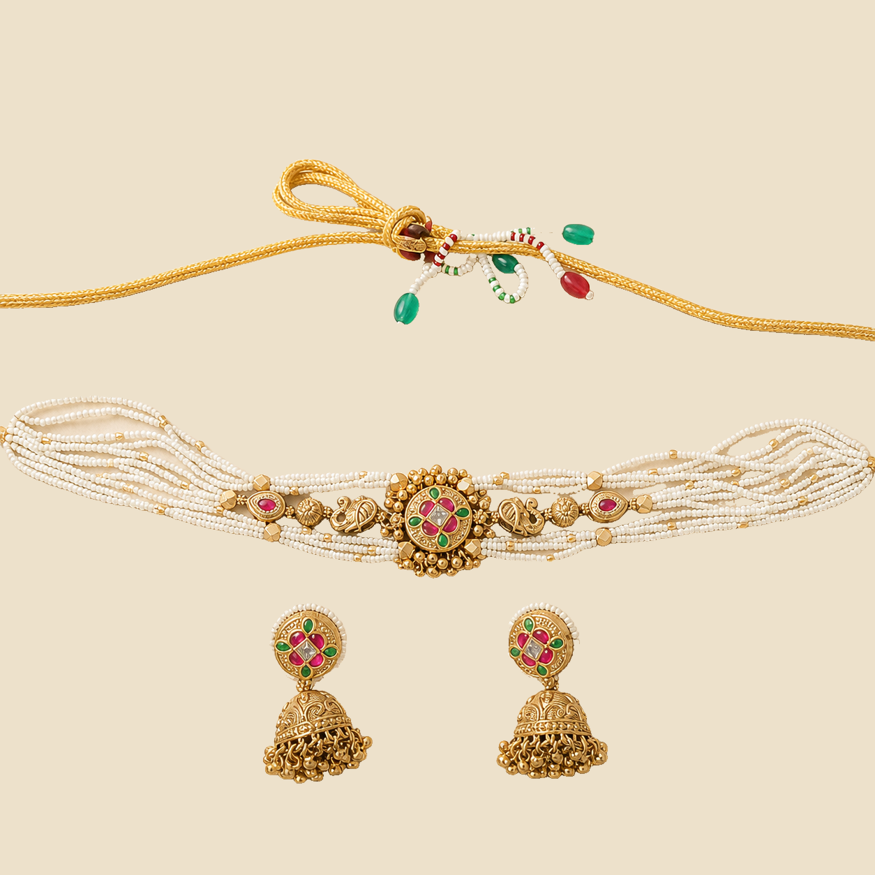 Antique Gold Ruby Green Pearl Choker Set