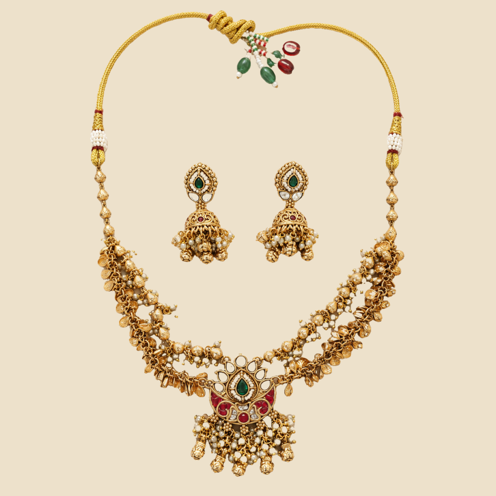 Antique Gold Kundan Ruby Green Lotus Necklace Set