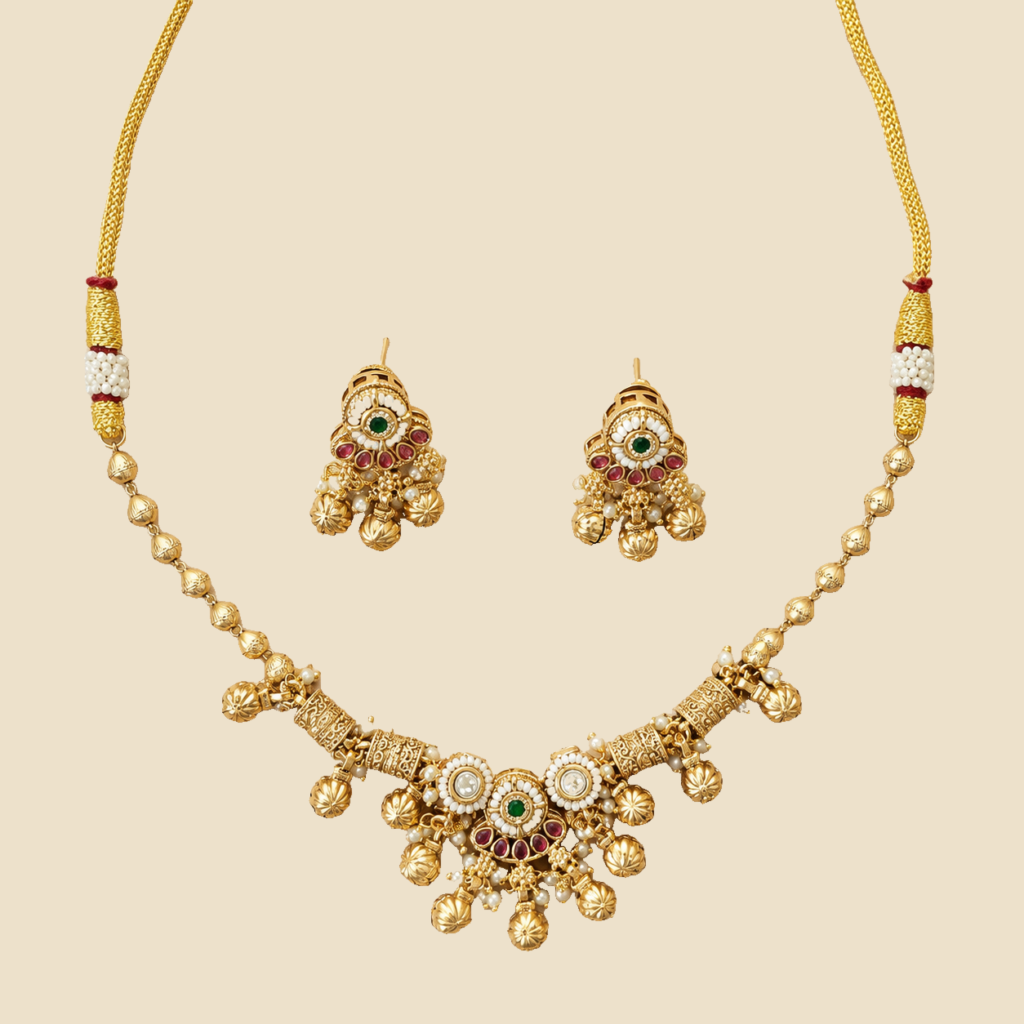 Antique Gold Ruby Green Floral Drop Necklace Set