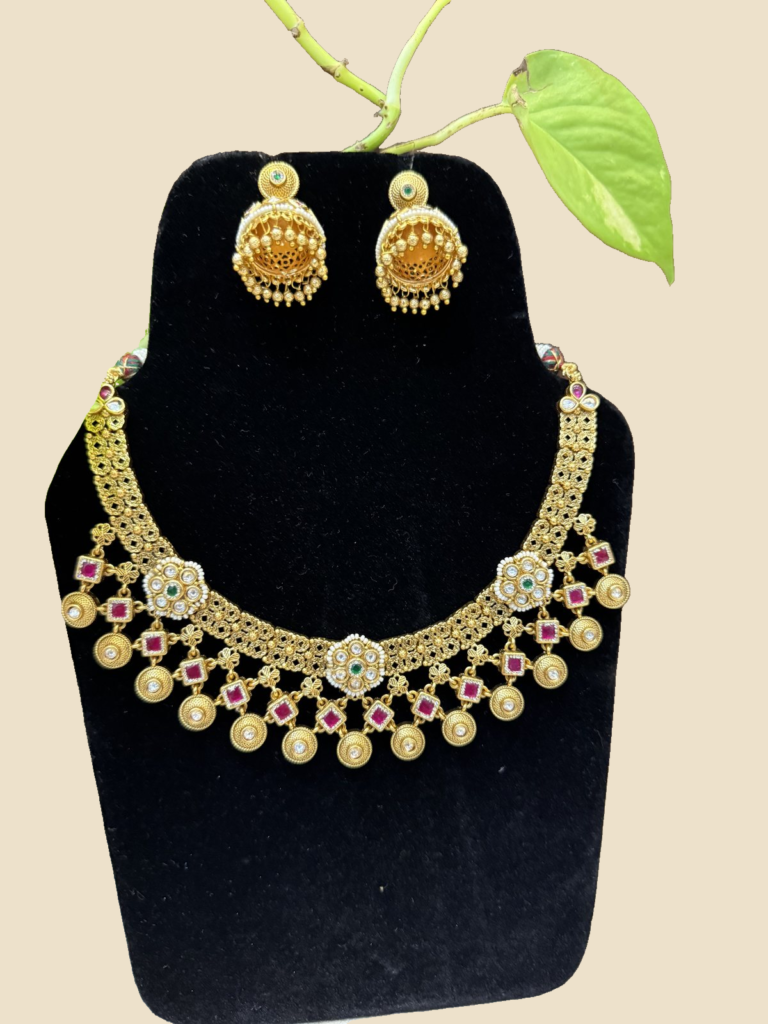 Traditional Gold-Toned Necklace Set with Multicolor Stones and Matching Earrings