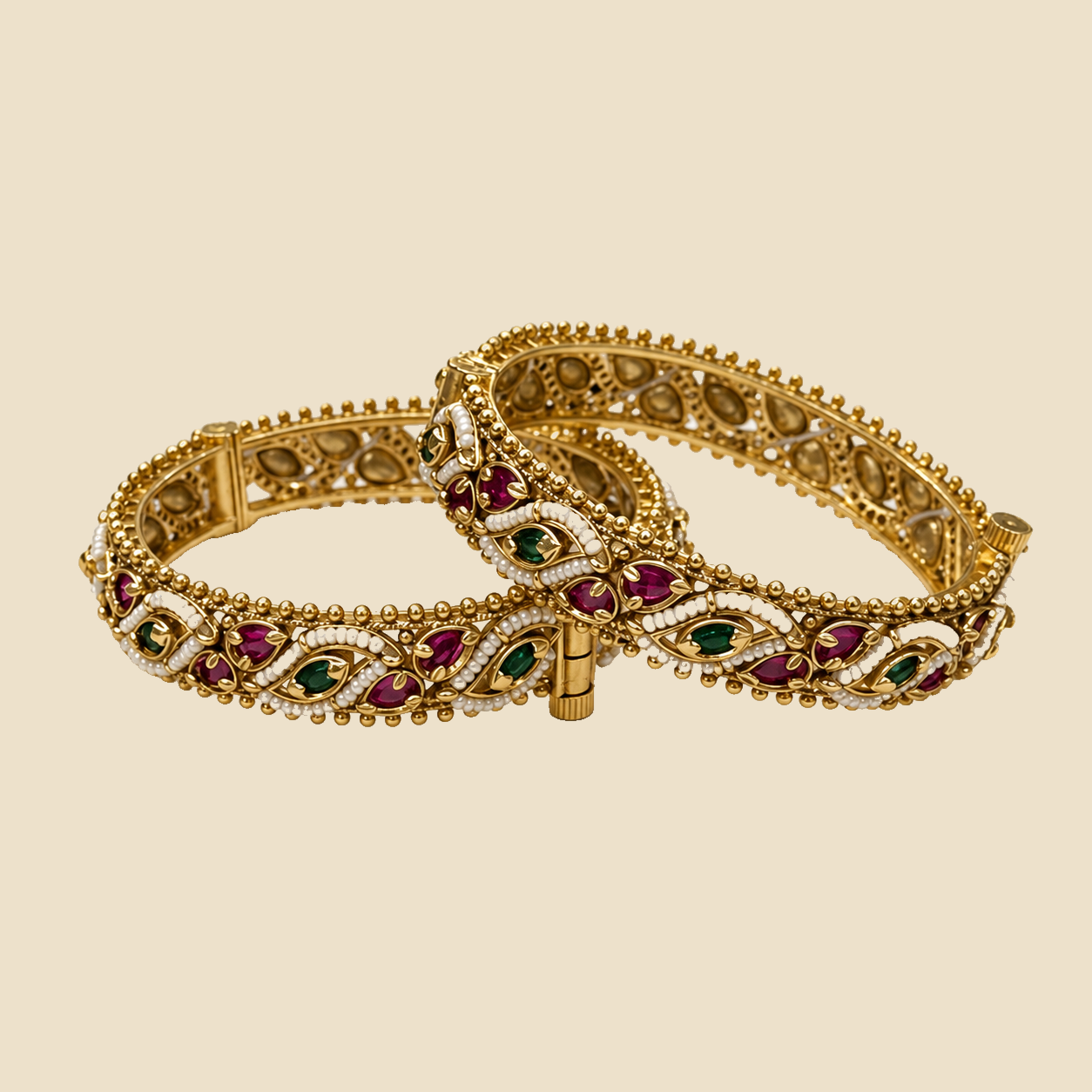 Traditional Gold-Plated Kundan Bangles with Multicolor Gemstones - Set of 2 - Image 3