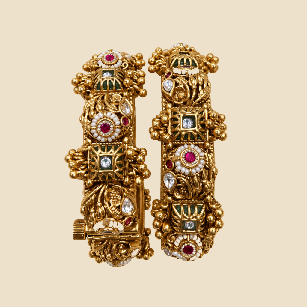 Antique Gold-Plated Traditional Bangles with Colorful Stone Accents (Set of 2)