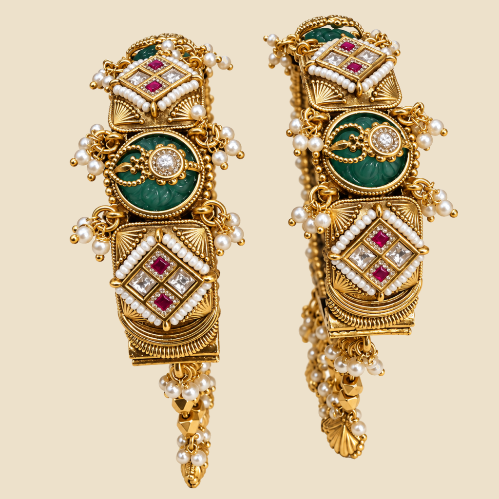 Traditional Gold-Plated Kundan Bangles with Emerald Stones and Pearls (Set of 2)