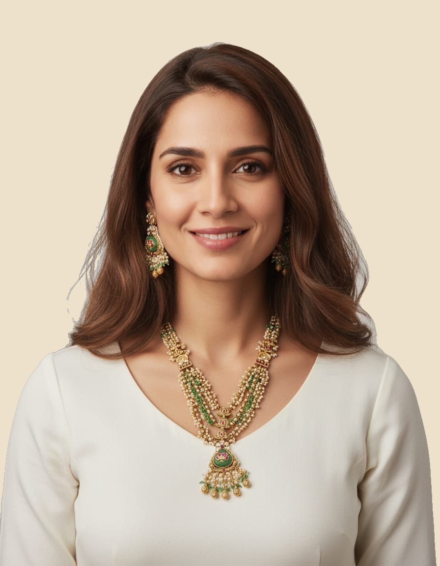Long Green-Bead Temple Pendant Necklace Set