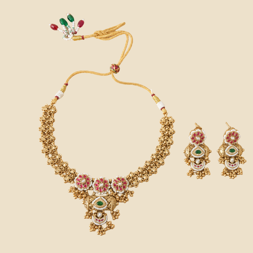 Antique Gold Ruby Floral Temple Necklace Set