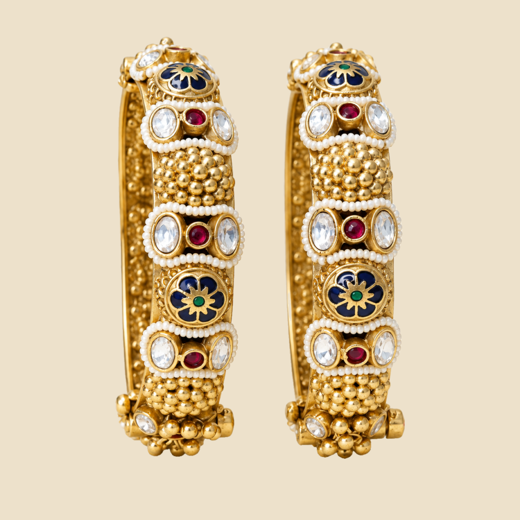 Traditional Gold-Plated Kundan and Meenakari Bangles (Set of 2)