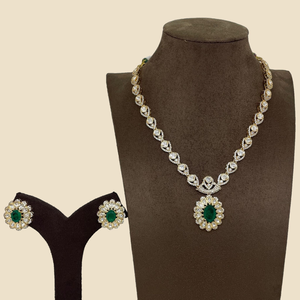 Green Stone Studded Necklace and Earring Set