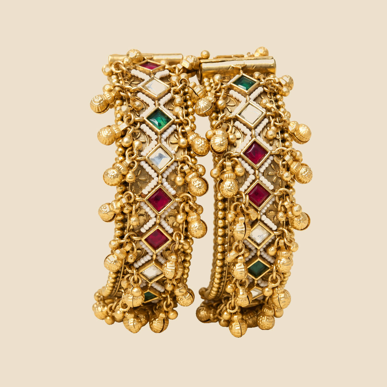 Traditional Gold-Plated Polki Bangles with Multicolor Stones - Image 2