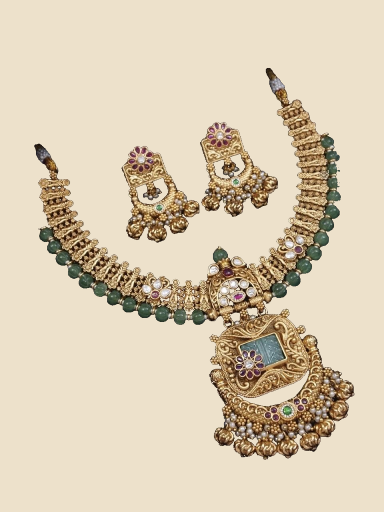 Antique Gold Pendant Necklace Set with Green Accents