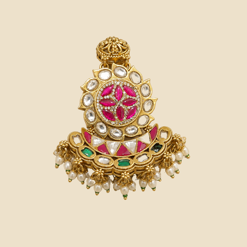Antique Gold Ruby Kundan Crescent Statement Ring