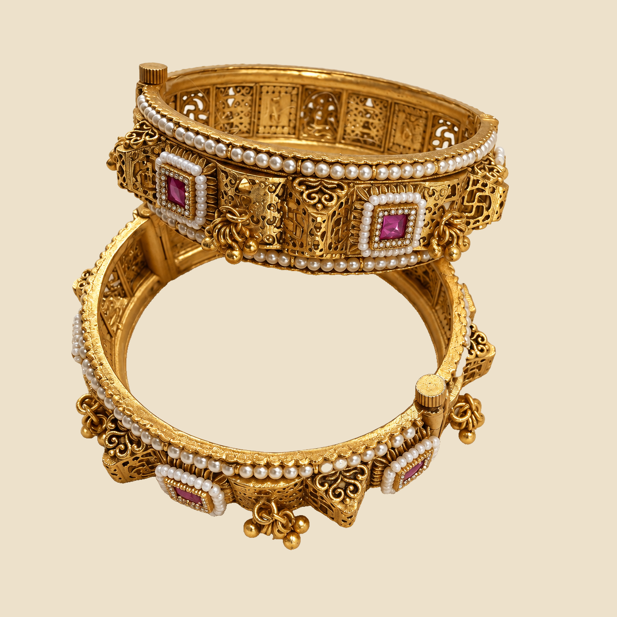 Traditional Gold-Plated Bangles with Purple Stone Detailing - Image 2