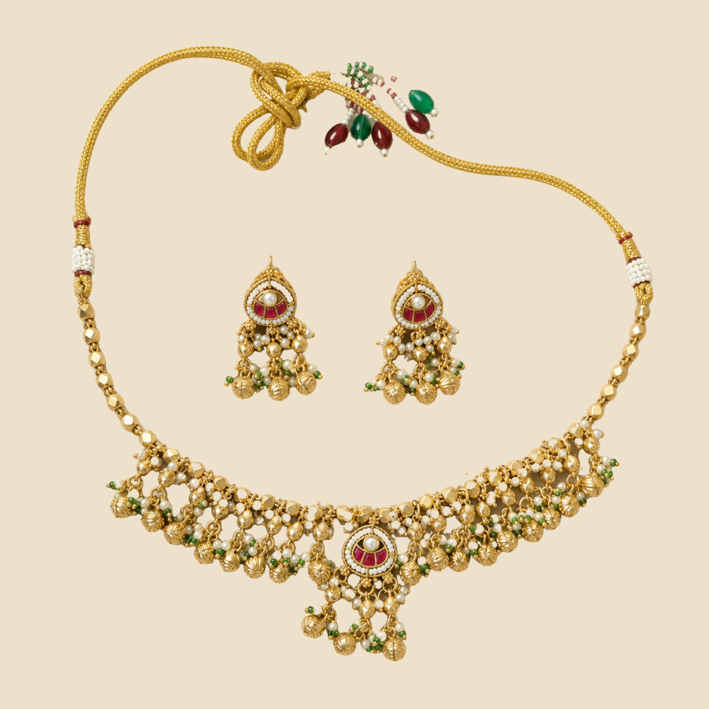 Antique Gold Ruby Green Beaded Collar Necklace Set