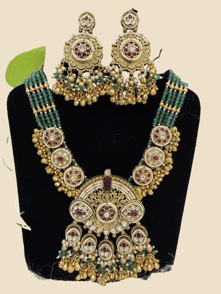Traditional Gold-Toned Kundan Necklace Set with Green Beads