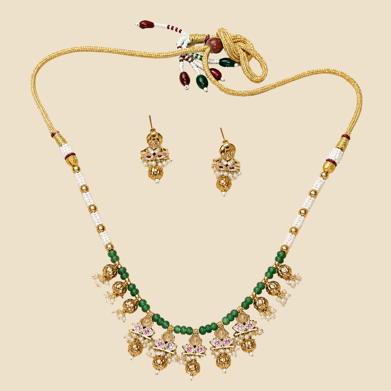 Antique Gold Lotus Necklace Set with Green Beads