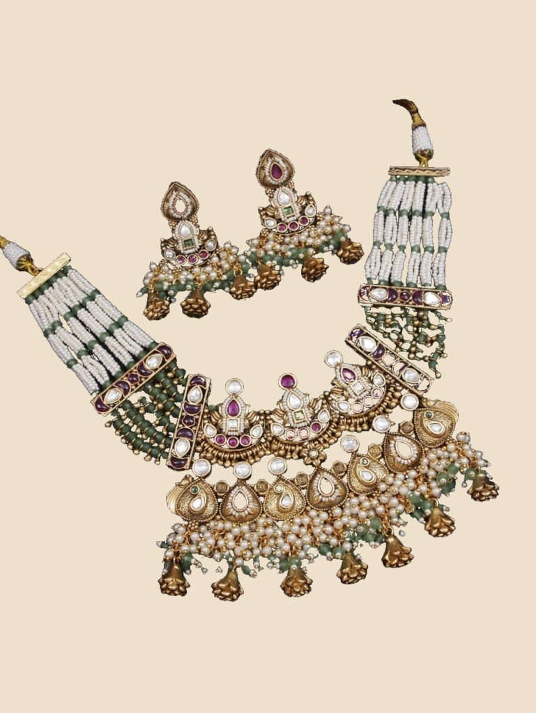 Pearl-Strand Bridal Choker Set with Green Bead Drops