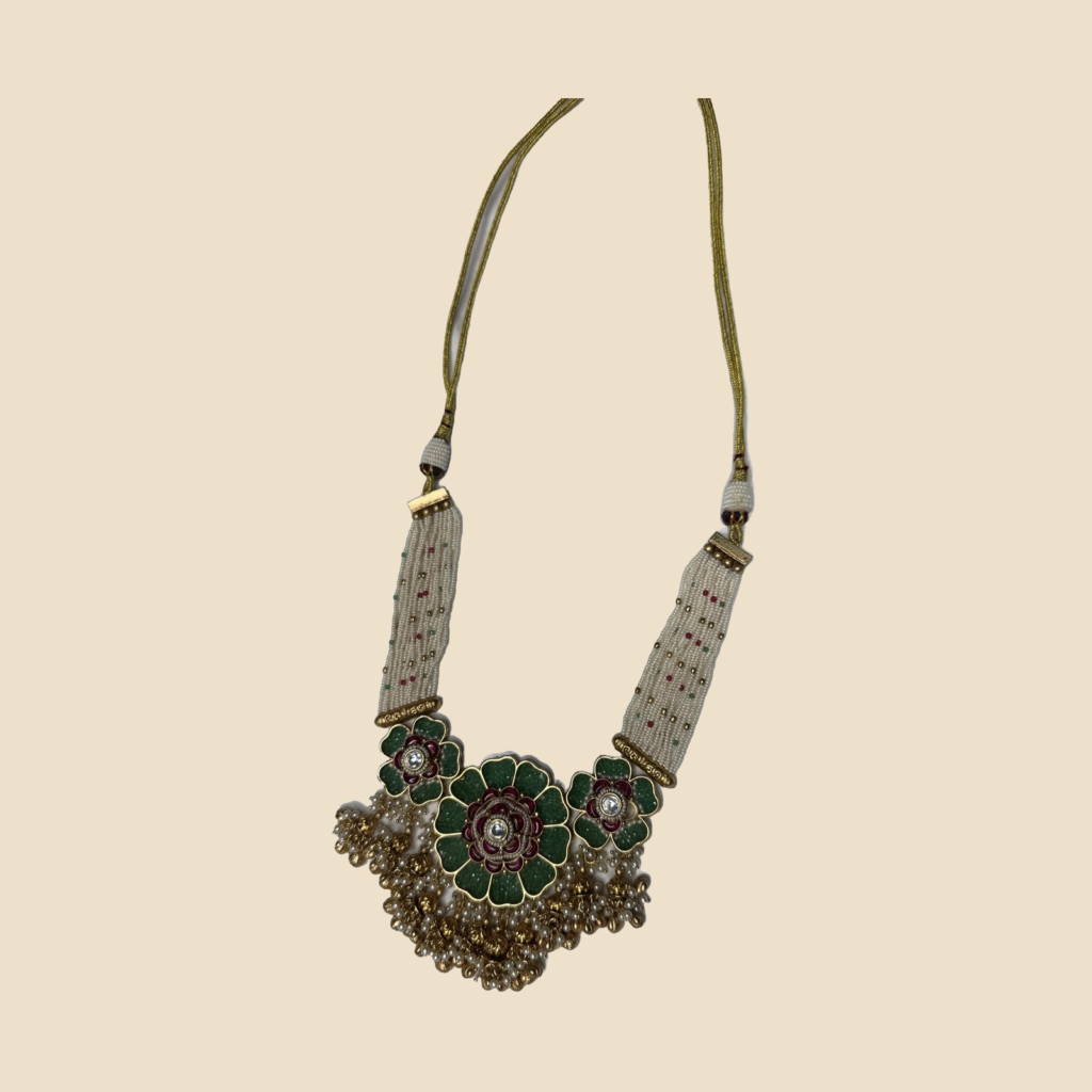 Traditional Green & Maroon Enamel Kundan Necklace Set with Jhumka Earrings
