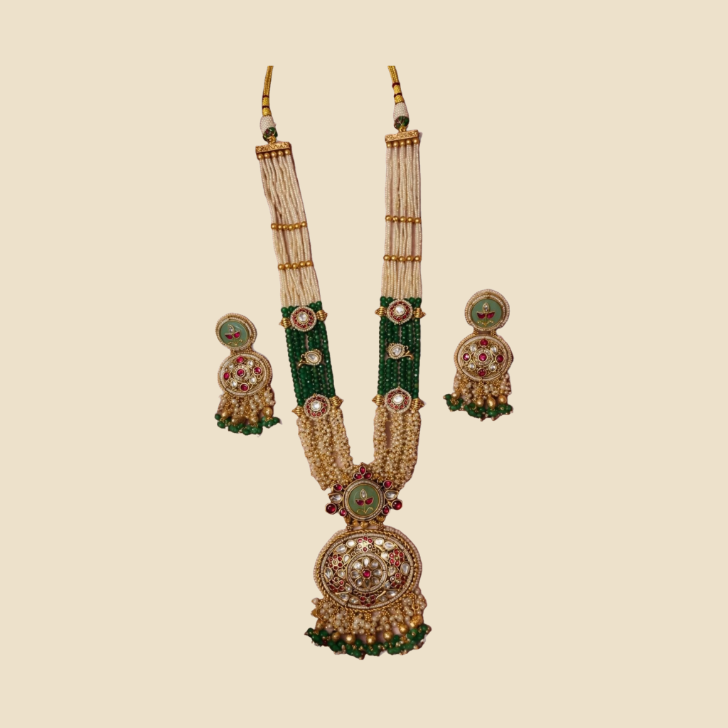 Traditional Pearl and Green Bead Long Necklace Set with Matching Earrings