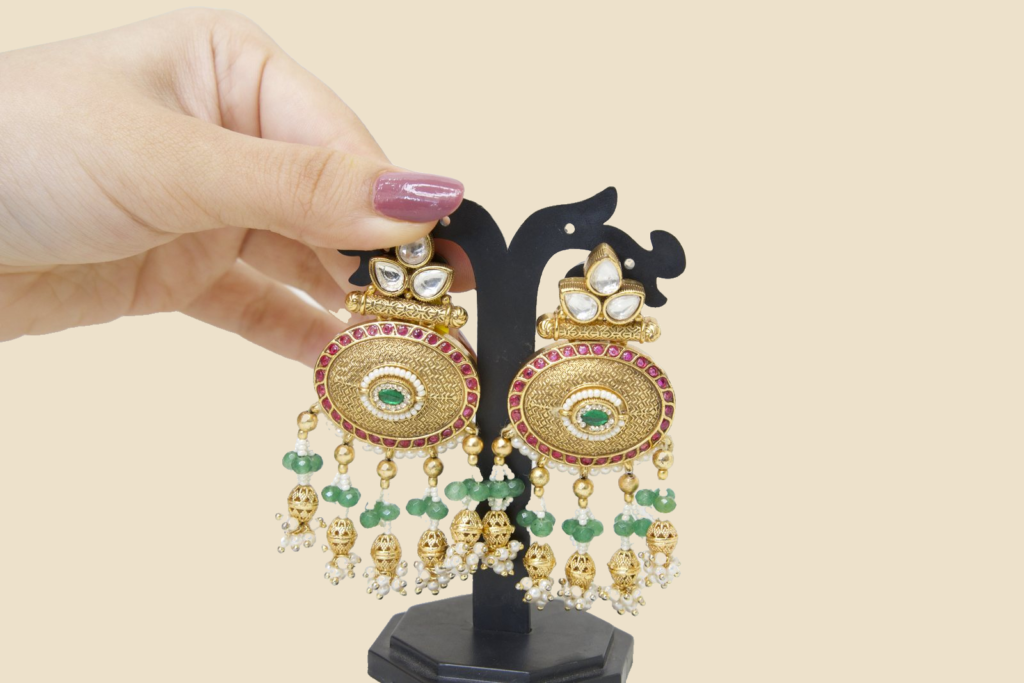 Traditional Gold-Toned Chandbali Earrings with Green and Pearl Danglers