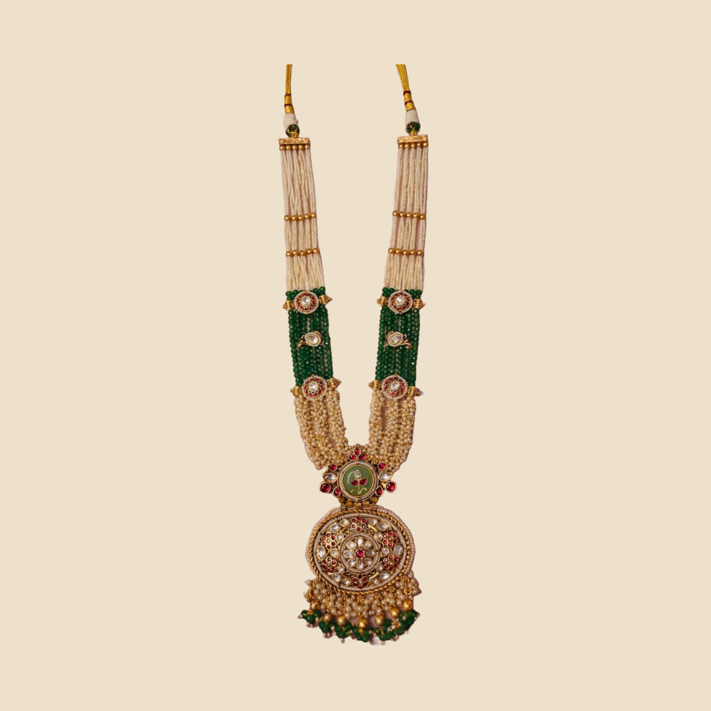 Traditional Multi-Strand Pearl and Emerald Beaded Long Necklace with Kundan Pendant