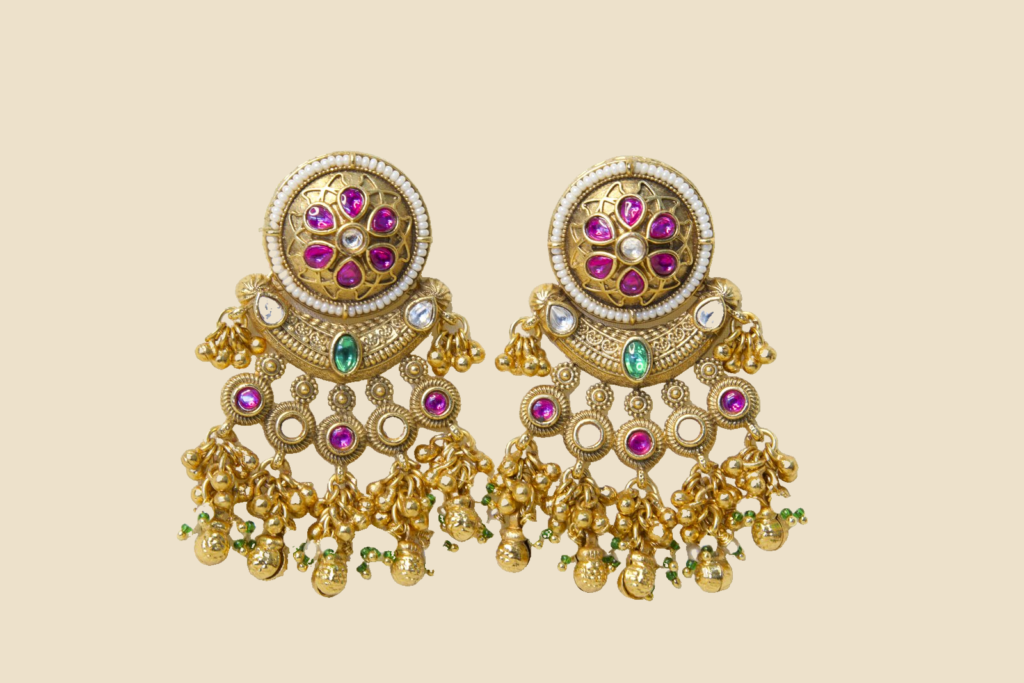 Traditional Gold-Toned Chandbali Earrings with Pink and Green Stones