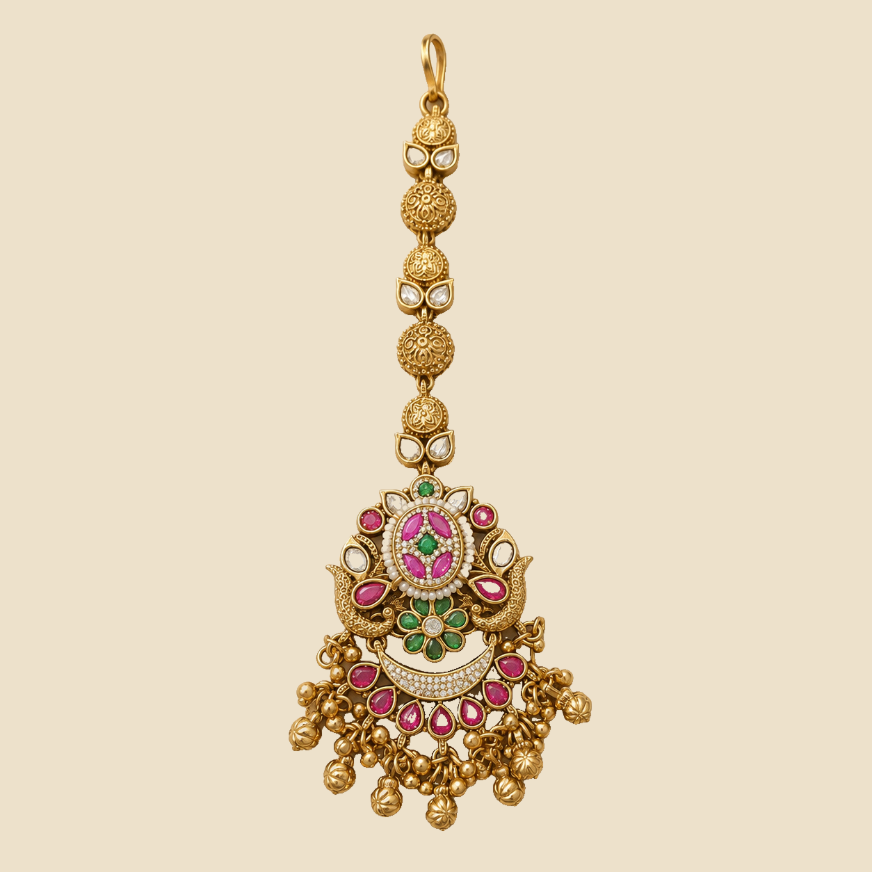 Antique Gold Peacock Crescent Maang Tikka
