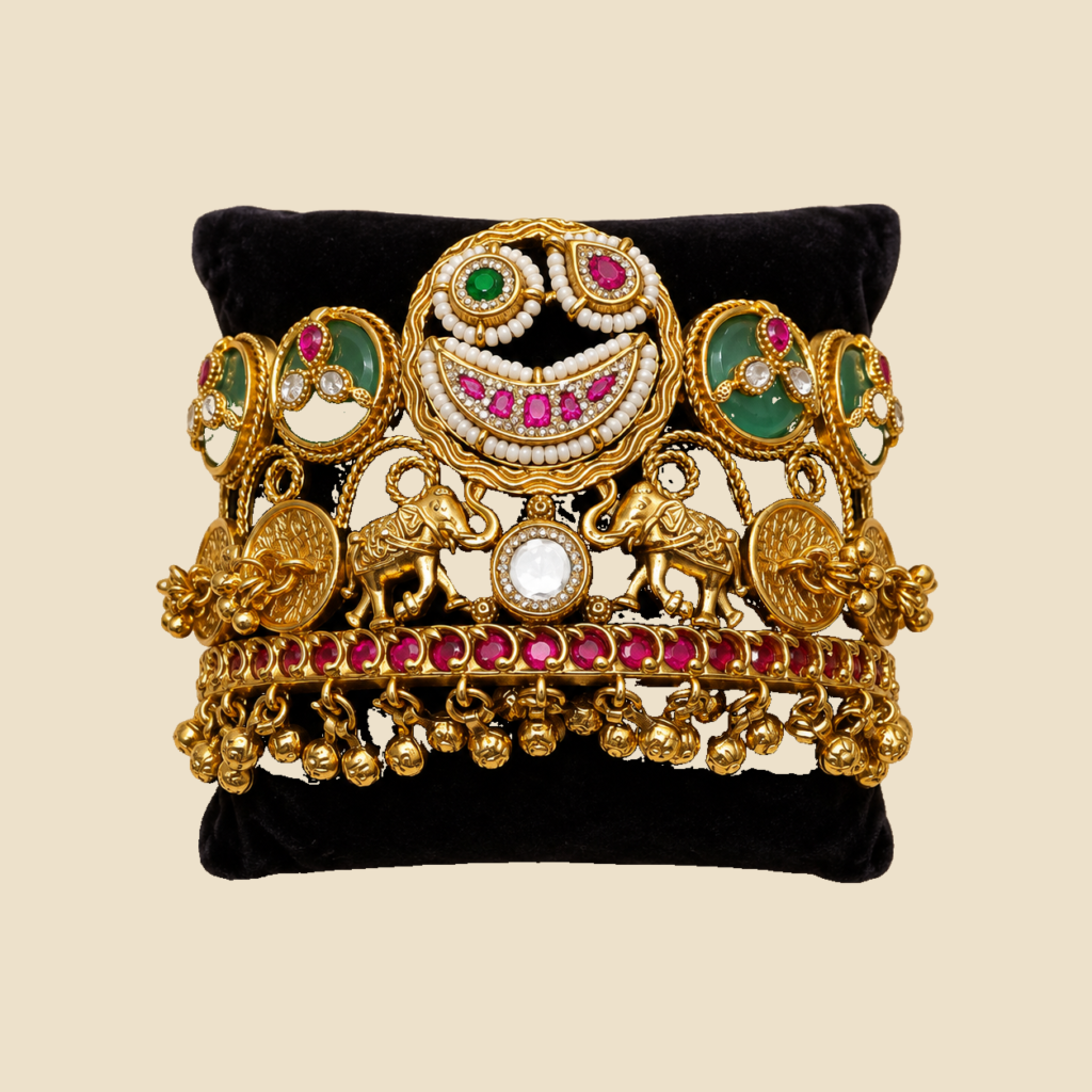 Antique Gold Elephant and Chandbali Statement Cuff