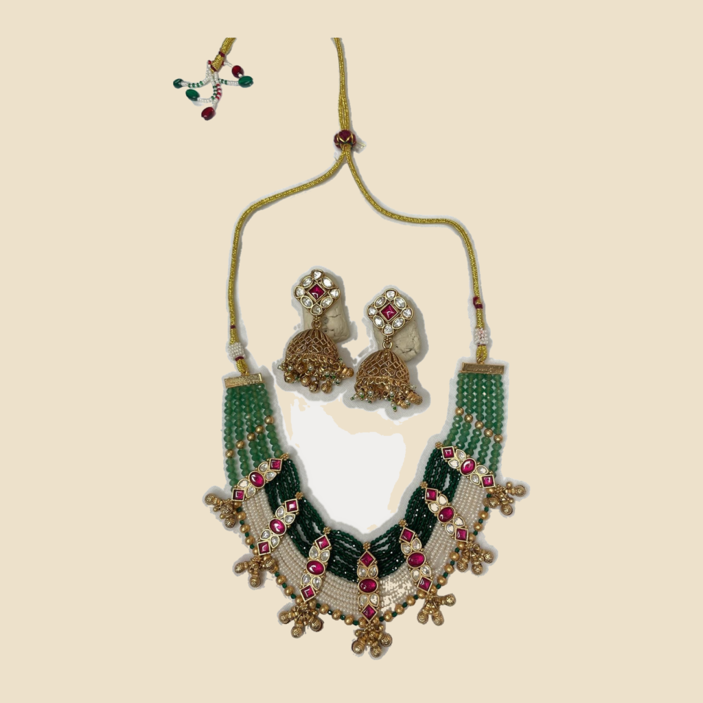 Green and Gold Beaded Necklace Set with Jhumka Earrings