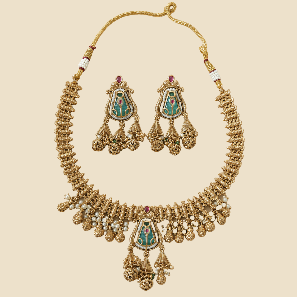 Antique Gold Teal Geometric Chandelier Necklace Set