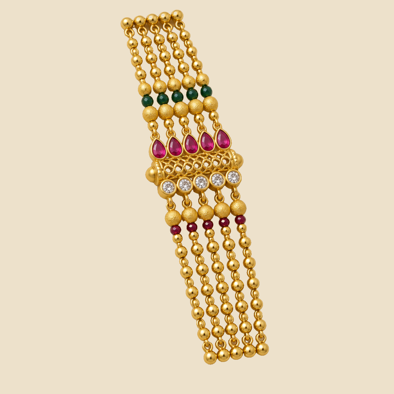 Traditional Gold-Plated Multi-Strand Bracelet with Ruby, Emerald, and Pearl Embellishments - Image 2