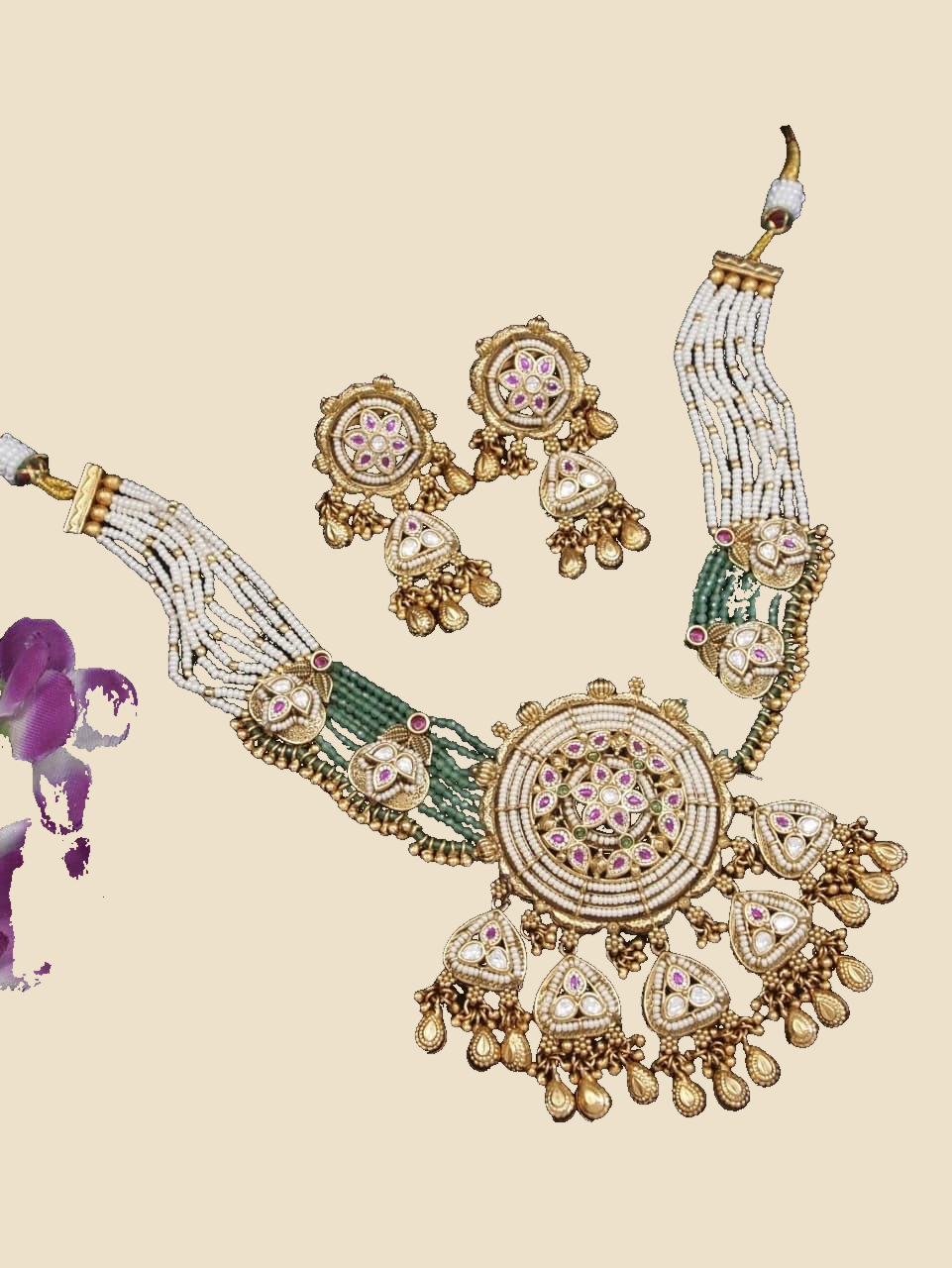 Pearl-Strand Temple Pendant Necklace Set