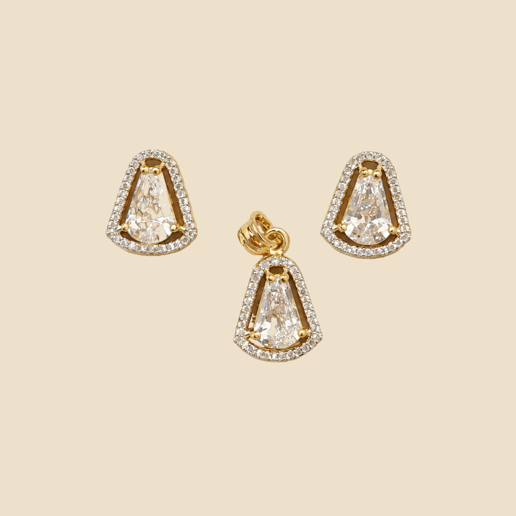 Gold-Tone Trapezoid Crystal Pendant and Stud Set