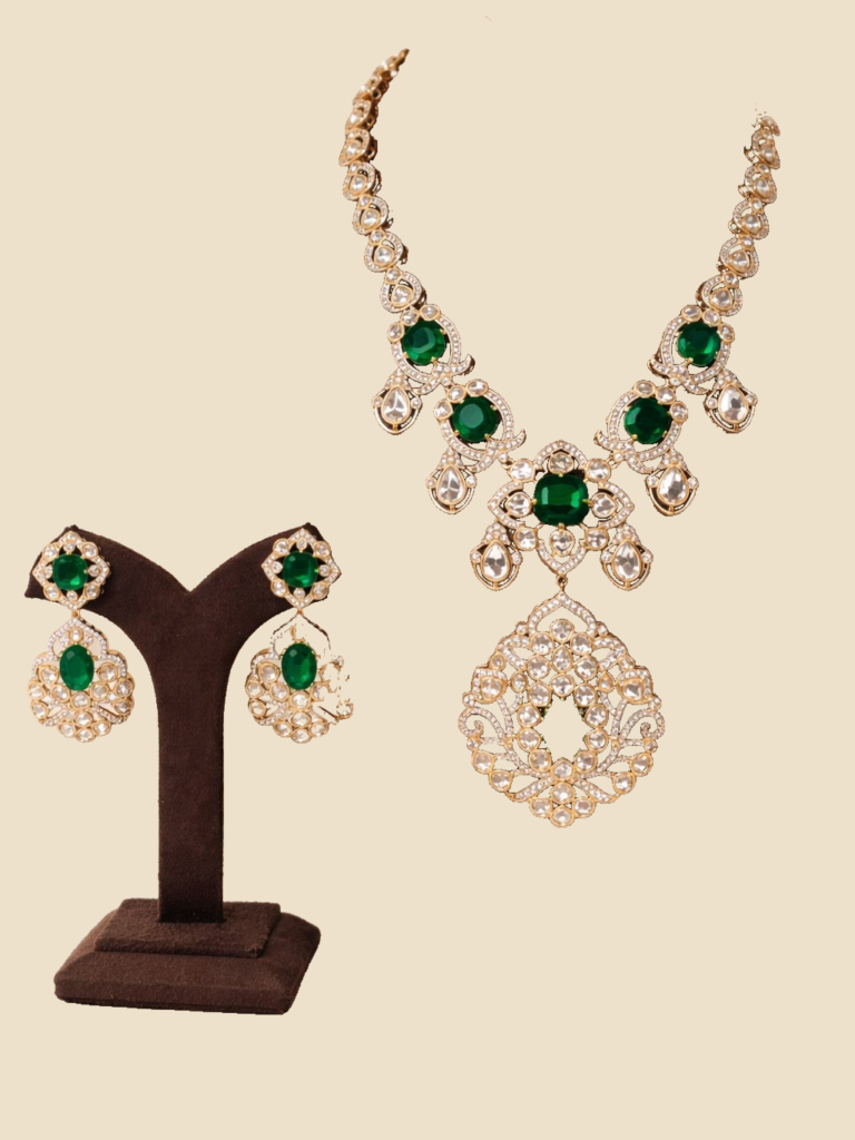 Emerald Green Stone Kundan Necklace Set with Matching Earrings