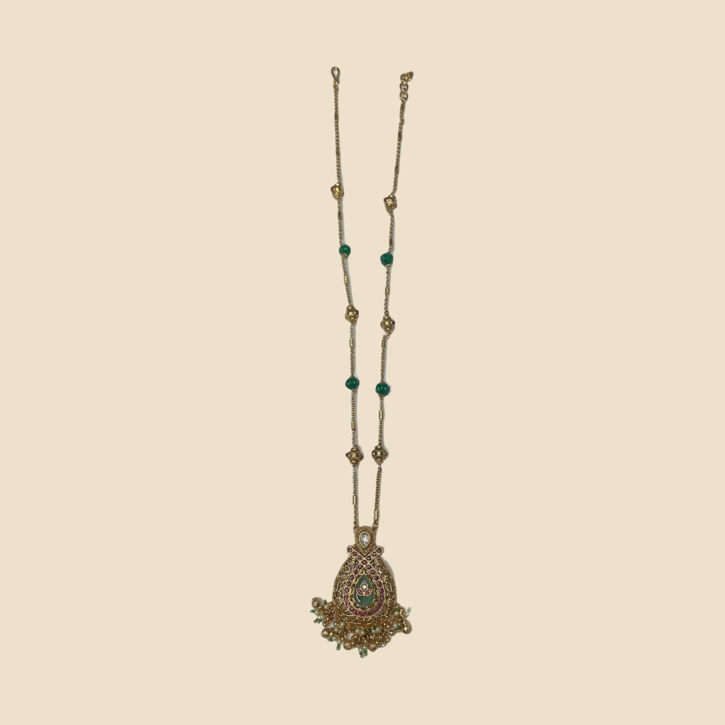 Golden Kundan Necklace Set with Green Beads and Matching Earrings